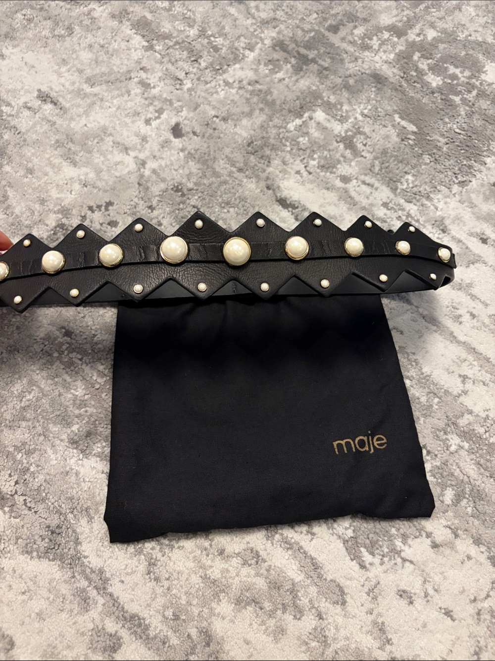 Maje Black Leather Pearl & Stud Embellished Belt